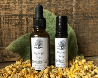 Aceite orgánico con infusión de flor de gordolobo, de cosecha propia, gotero de 1 oz y roll-on de 1/3 oz