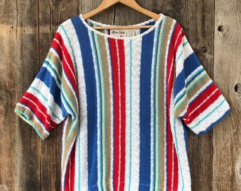 VTG 80s Striped Knit Boxy Batwing Short Sleeve Top, Large