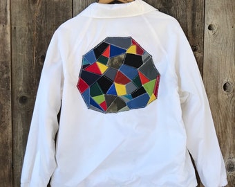Handmade Patchwork Art Upcycled Geometric Appliqué Streetwear, VTG Windbreaker