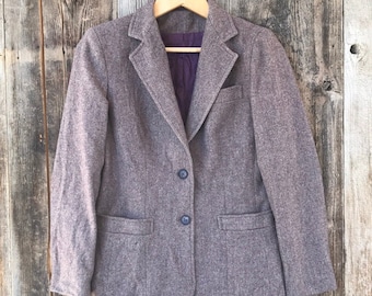 VTG 80er-90er Jahre Lila Wollmischung Herringbone Tweed ausgestattet Blazer Jacke