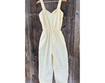 VTG 70s-80s Seersucker Pastel Yellow Stripe Sweetheart Neckline Strappy Jumpsuit