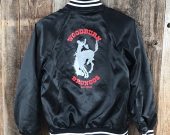 VTG 80s Woodburn Broncos 4H Club Satin Baseball Jacket, Youth Large