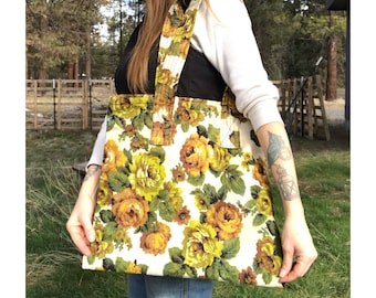Handmade Chintz / Antique Yellow Roses Pattern Vintage Fabric Tote Bag