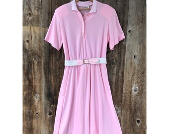 VTG 80s Pastel Pink Belted Polo A-Line Midi Dress, 1X