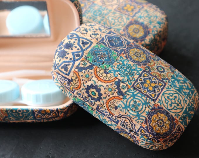 Eye contact case, Cork case with mirror, Contact lens storage case, Cute travel case, Lens box, Lens accessories, Lens organizer