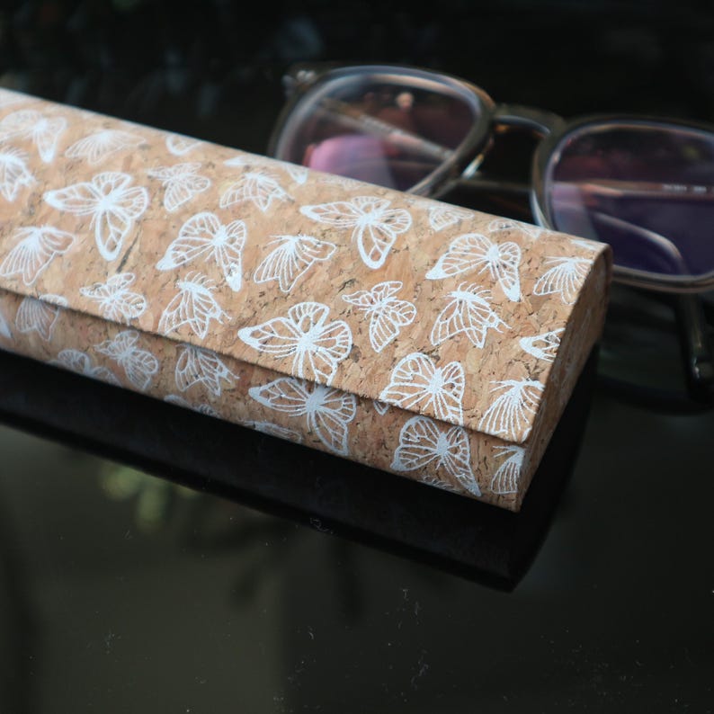 Printed Cork Hard Glasses Case: Stylish Eyeglass Holder White butterfly