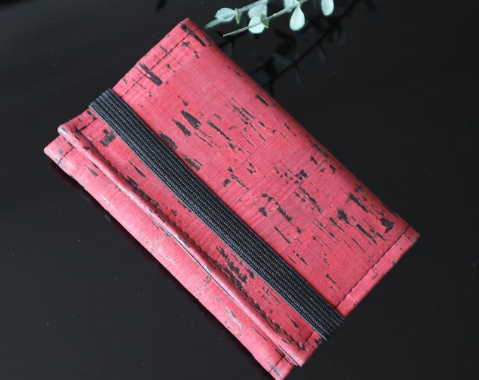 Cork slim wallet for cards, minimalist wallet, a6 wallet, Dark red wallet, 9 card slots wallet, roper wallet, vegan wallet.