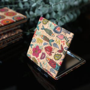 Małe lusterko kompaktowe z korka z powiększeniem | Kwadratowe lusterko kieszonkowe 1x i 2x | Lusterko podróżne w stylu vintage z kafelkami