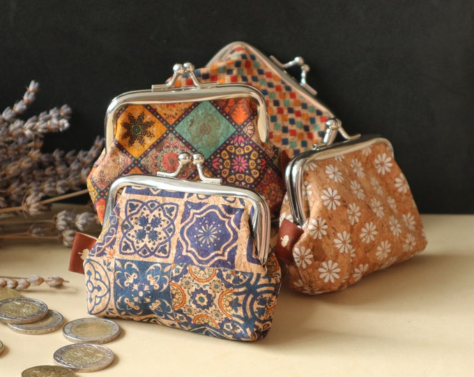 Mini coin purse Cork wallet Small wallet for coins Click clack coin purse Women's Coin Purse Kiss clasp wallet