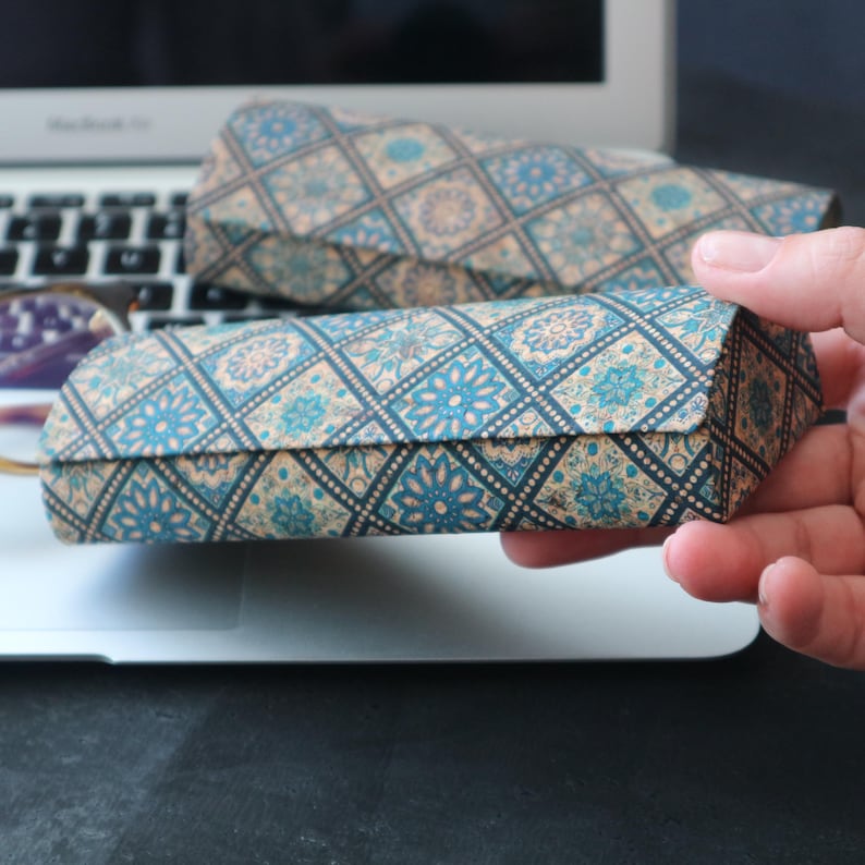 Printed Cork Hard Glasses Case: Stylish Eyeglass Holder Blue Tiles no.3