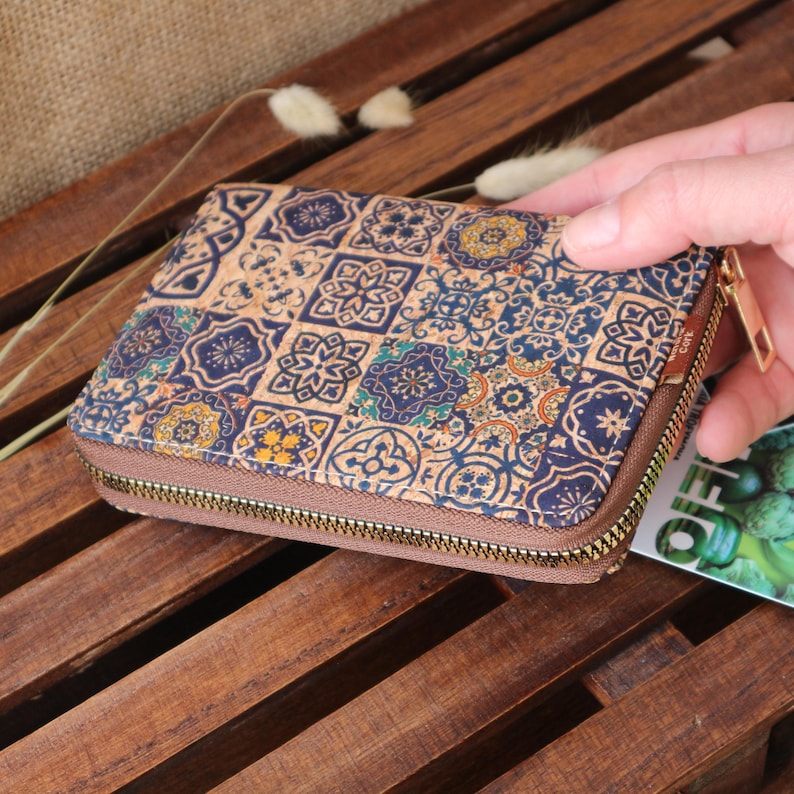 Cork Small Zipper Wallet: Women's Card Holder Travel Wallet  Blue Tiles