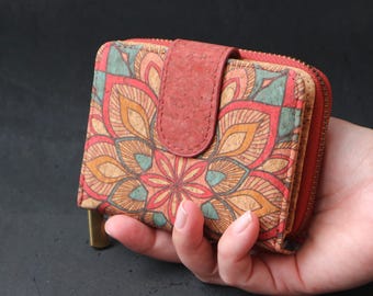 Cork cute wallet Small Bifold wallet Floral wallet women Flower wallet ID wallet Snap wallet
