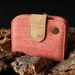 Monedero de corcho, pequeño, plegable, con diseño floral, para mujer, con flores, para identificación y broche.