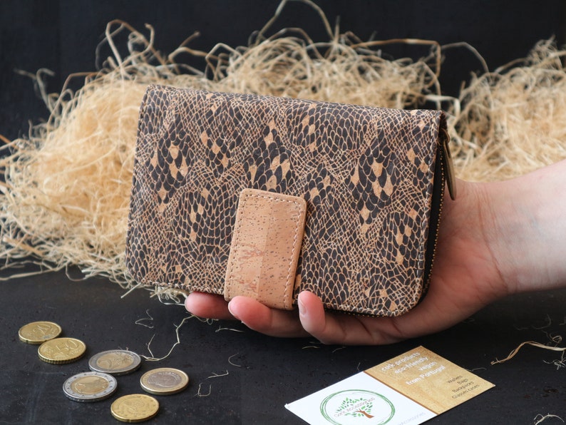 Cartera de mujer de corcho, mujer de cartera bifold, mujer de cartera grande, cartera con cremallera a6, cartera con cremallera linda, cartera con cremallera fresca, cartera de mujer fósil Snake print