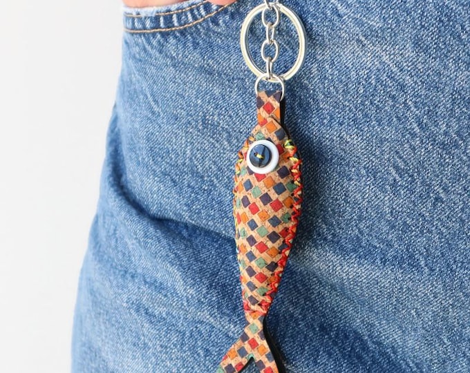 Cork Keyfob sardine keychain Vegan keychain Unique Key Fobs Keychain friends Fish keychain Cork keychain women and men
