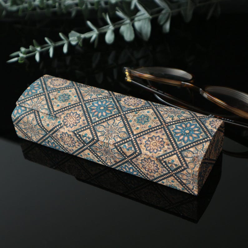 Cork Hard Glasses Case: Eco-Friendly Eyeglass Protection Blue Tiles no.2