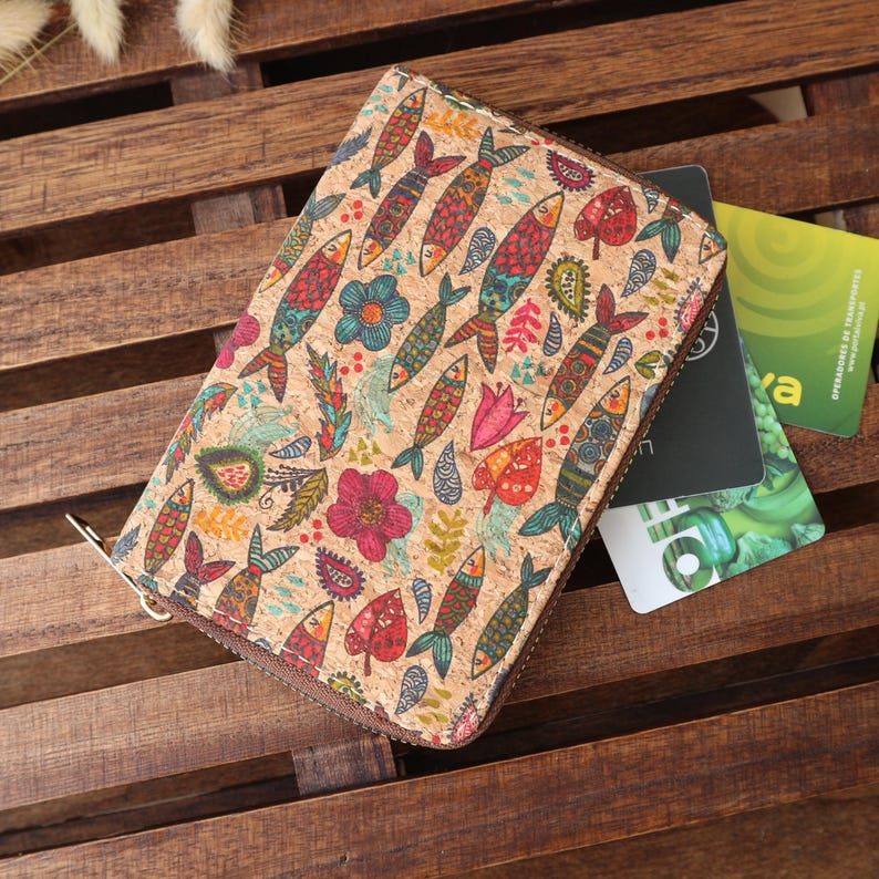 Cork Small Zipper Wallet: Women's Card Holder Travel Wallet Fish