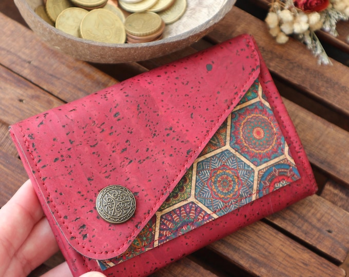 Cork wallet women, Cute snap wallet, Vegan red wallet, Small wallet, Fold boho wallet, 5 card wallet, folded wallet women