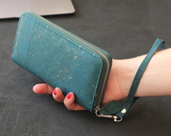 Cartera de corcho de muñeca: vegana, plegable y con monedero con cremallera