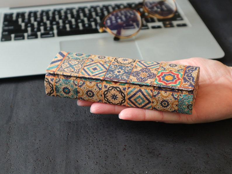 Glasses case Cork case Eco case Eyeglass case Hard case for glasses Blue Tiles