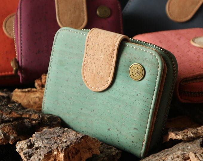 Cork cute wallet Small Bifold wallet Floral wallet women Flower wallet ID wallet Snap wallet