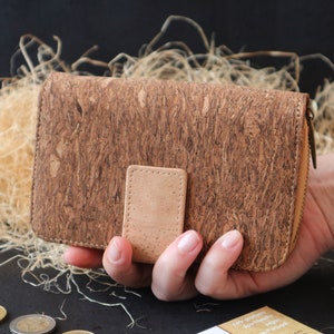 Cartera de mujer de corcho, mujer de cartera bifold, mujer de cartera grande, cartera con cremallera a6, cartera con cremallera linda, cartera con cremallera fresca, cartera de mujer fósil Wood