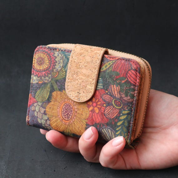 Floral Cork Bifold Wallet - Snap Closure Card Holder