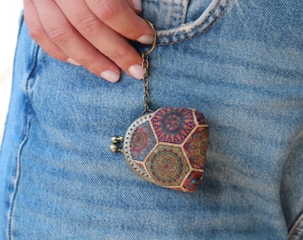 Mandala Mosaic Cork Coin Purse with Keyring: Eco-Friendly Mini Wallet