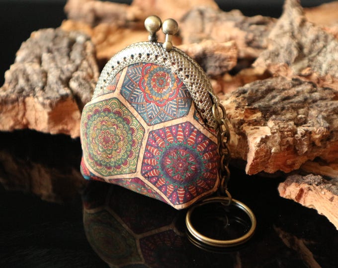 Mini Cork Coin Purse with Keyring, Handmade Eco-Friendly Wallet, Mandala Mosaic Print, Small Cork Pouch, Gift for Her