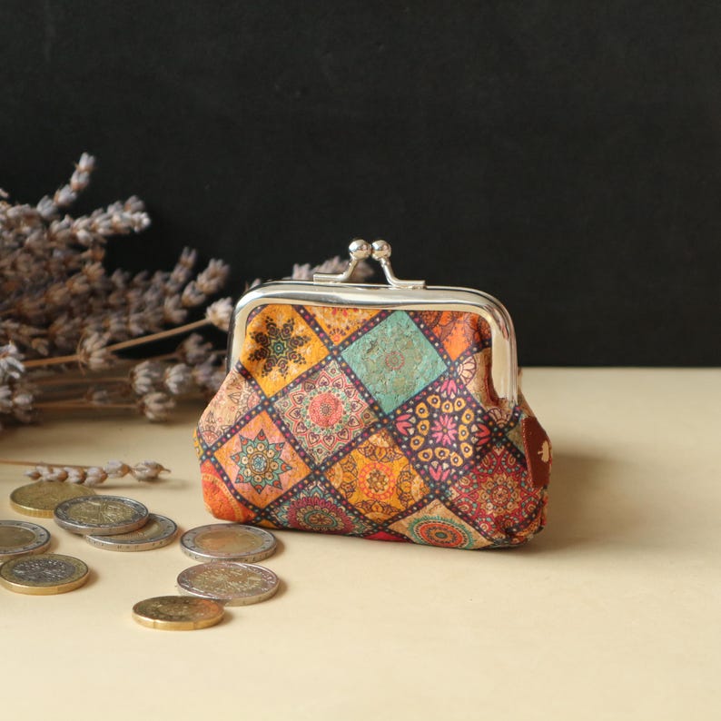 Cork Mini Coin Purse: Kiss Clasp Wallet, Sustainable Style Colorful Tiles no.3