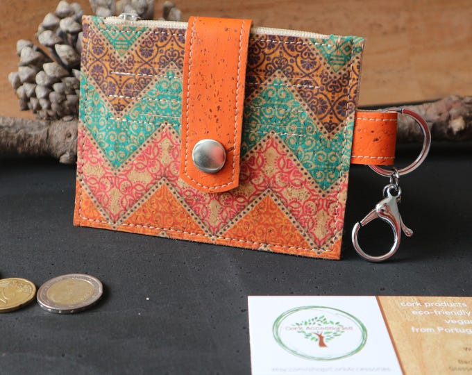 Card Wallet women keychain Cork card holder keyring Slim wallet Cute Snap wallet