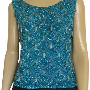 Vintage 1960&#39;s blouse Iridescent Blue Sequins Mermaid Scales Cocktail Tank Top - Small Size