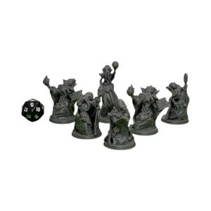 May include: Set of six gray 3D printed miniature figures of humanoid figures with tentacles and robes. The figures are holding various objects, including a book, a staff, and a sphere. A black 20-sided die is also included in the image.