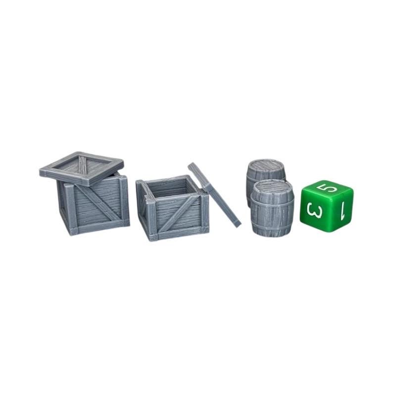 Crates with Lids and Barrels, Dungeons and Dragons DnD Scatter Terrain Mini 32mm Lot Bild 1