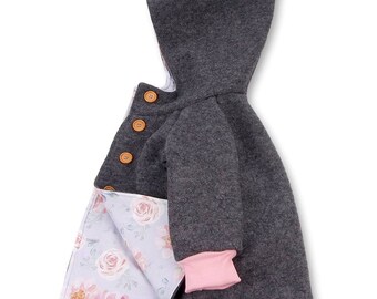 Wool jacket grey, lined with light floral jersey, baby, child, size 62-116