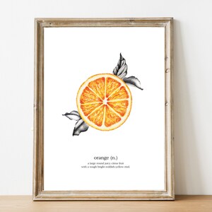 May include: A framed print featuring a watercolor illustration of an orange slice. The orange is bright orange with a detailed texture, accompanied by grayscale leaves. The print includes the word "orange" and a definition.