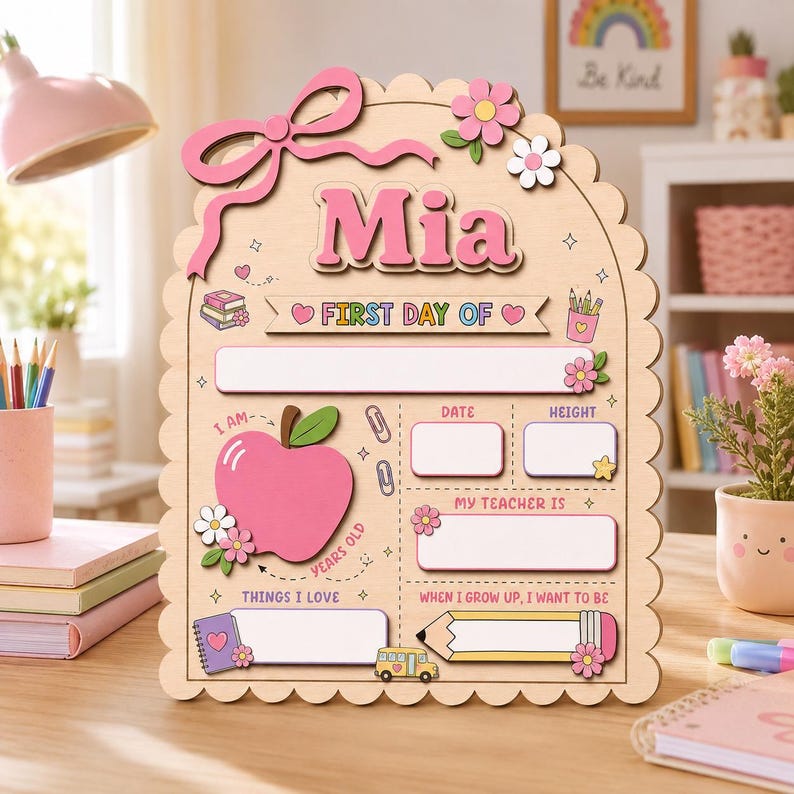 Puede incluir: Un letrero de madera festoneado para el primer d&iacute;a de clases con el nombre Mia en letras rosas. El tablero incluye secciones para fecha, altura, profesor, edad, gustos y profesi&oacute;n, decorado con una manzana rosa, flores y un l&aacute;piz.
