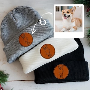 Custom Dog Photo Beanie Gifts for Him, Personalized Winter Hats with Leather Patch, Gift for Dog Dad, Dog Lovers Gifts, Pet Owners