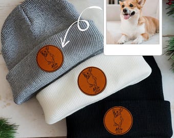 Custom Dog Photo Beanie Gifts for Him, Personalized Winter Hats with Leather Patch, Gift for Dog Dad, Dog Lovers Gifts, Pet Owners