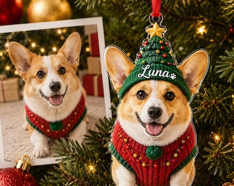 May include: A clear acrylic Christmas ornament shaped like a Corgi wearing a green knit hat with a yellow star and the name Luna printed in white, and a red knit sweater with gold beads, hanging from a red ribbon on a pine tree branch.