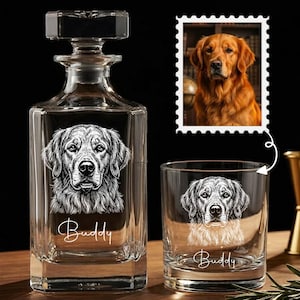 May include: A clear glass decanter and tumbler set featuring a detailed black and white illustration of a Golden Retriever. The word "Buddy" is scripted below the dog image. A framed photo of a Golden Retriever is also included.