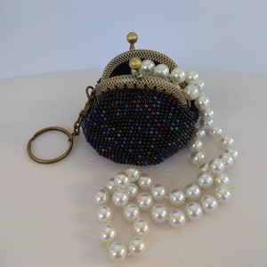 The Victoria doll purse bead knit wrist purse in black thread and purplemulti beads with gold frame handmade child/'s purse