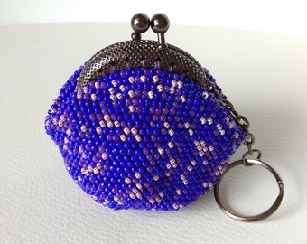 Blue white dotted crochet bead earbud holder coin purse Chapstick case Carryall purse Travel jewelry clasp pouch Cord organizer Sister gift