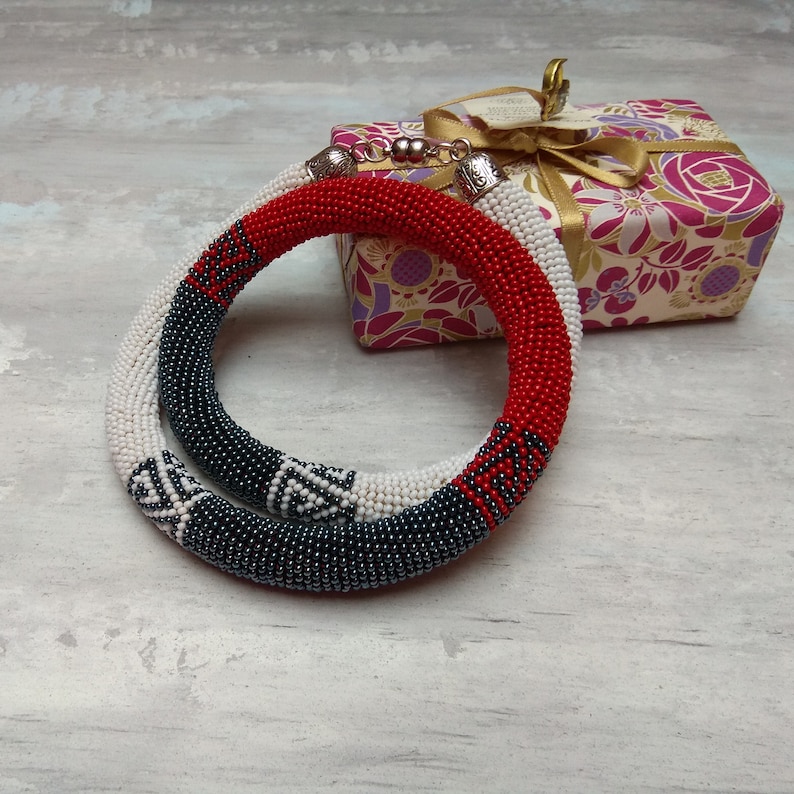 Asphalt grey red and white striped minimalist geometric crochet beaded necklace Unique office and casual style rope Stepmom gift idea