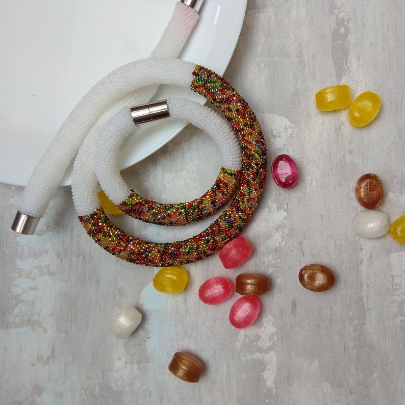 Multicolor sparkling candy crochet beaded necklace and bracelet set Statement unique jewelry office style niece 16th birthday gift