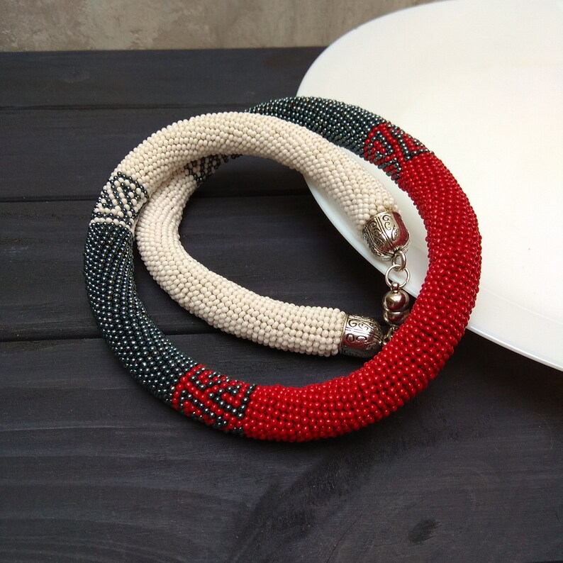 Asphalt grey red and white striped minimalist geometric crochet beaded necklace Unique office and casual style rope Stepmom gift idea