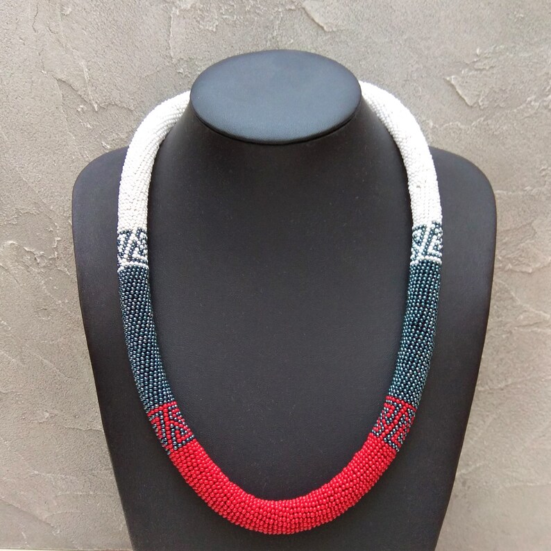 Asphalt grey red and white striped minimalist geometric crochet beaded necklace Unique office and casual style rope Stepmom gift idea