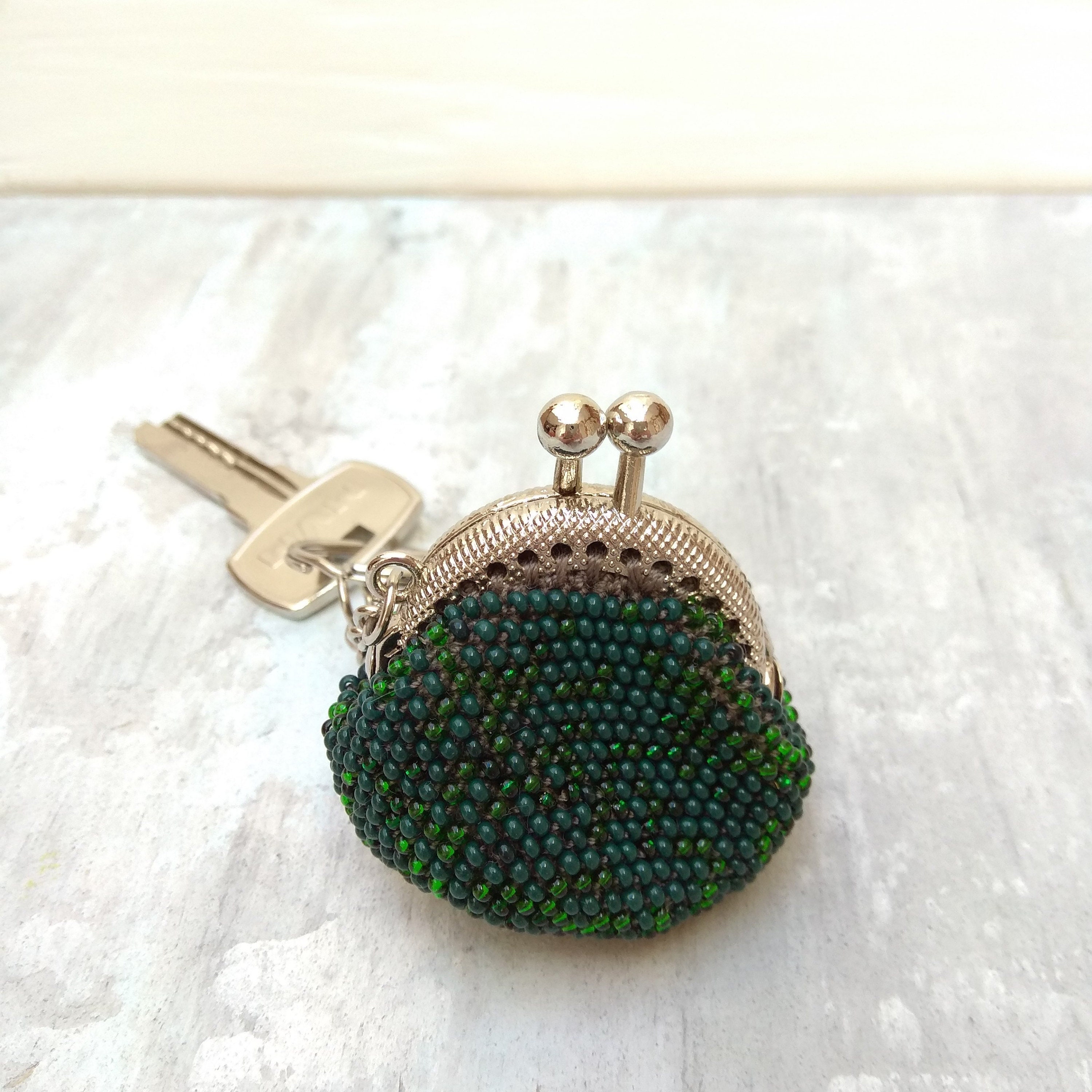 Tiny Dark Green Crochet Beaded Keychain Kiss Lock Coin Purse Etsy