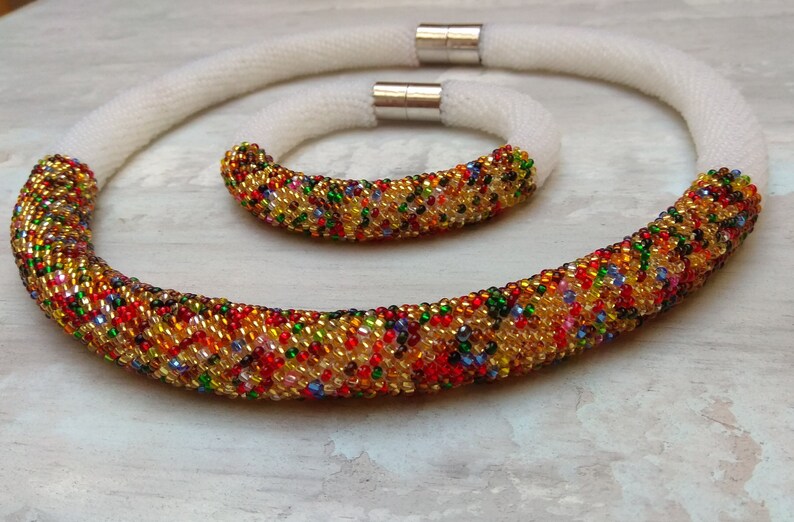 Multicolor sparkling candy crochet beaded necklace and bracelet set Statement unique jewelry office style niece 16th birthday gift