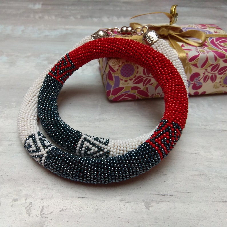 Asphalt grey red and white striped minimalist geometric crochet beaded necklace Unique office and casual style rope Stepmom gift idea